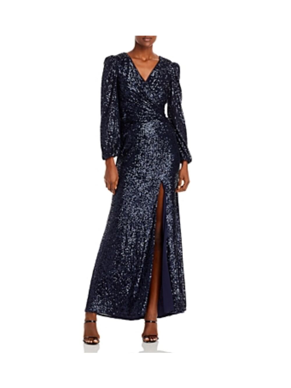 AQUA Navy Blue Evening Gown Sequined Long Sleeve Thigh Slit Formal Dress Size 4